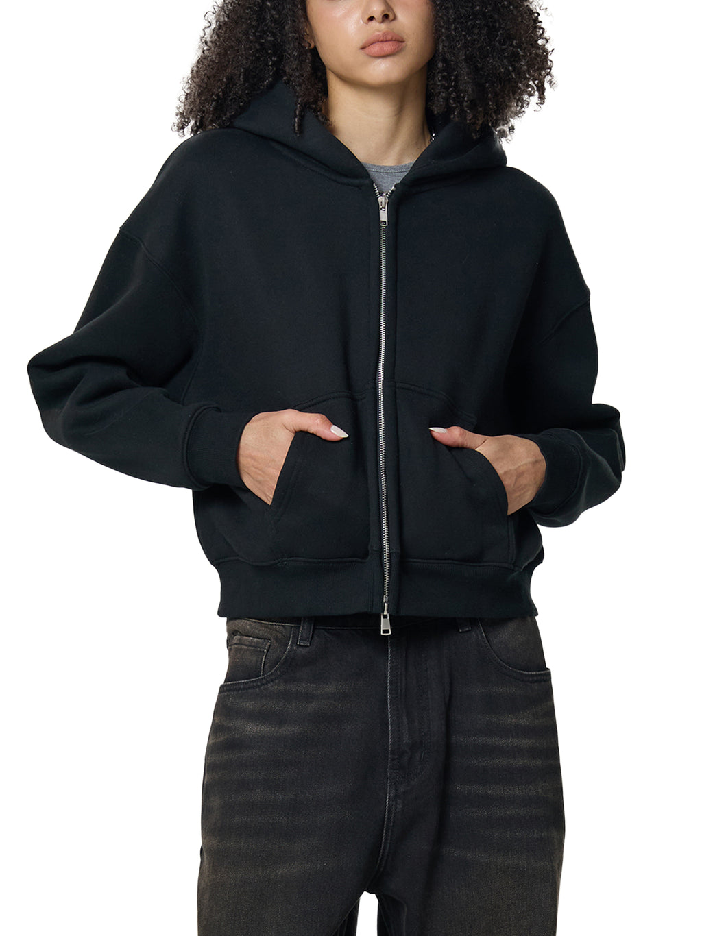 Womens Fleeced Zip-Up Cropped Hoodie
