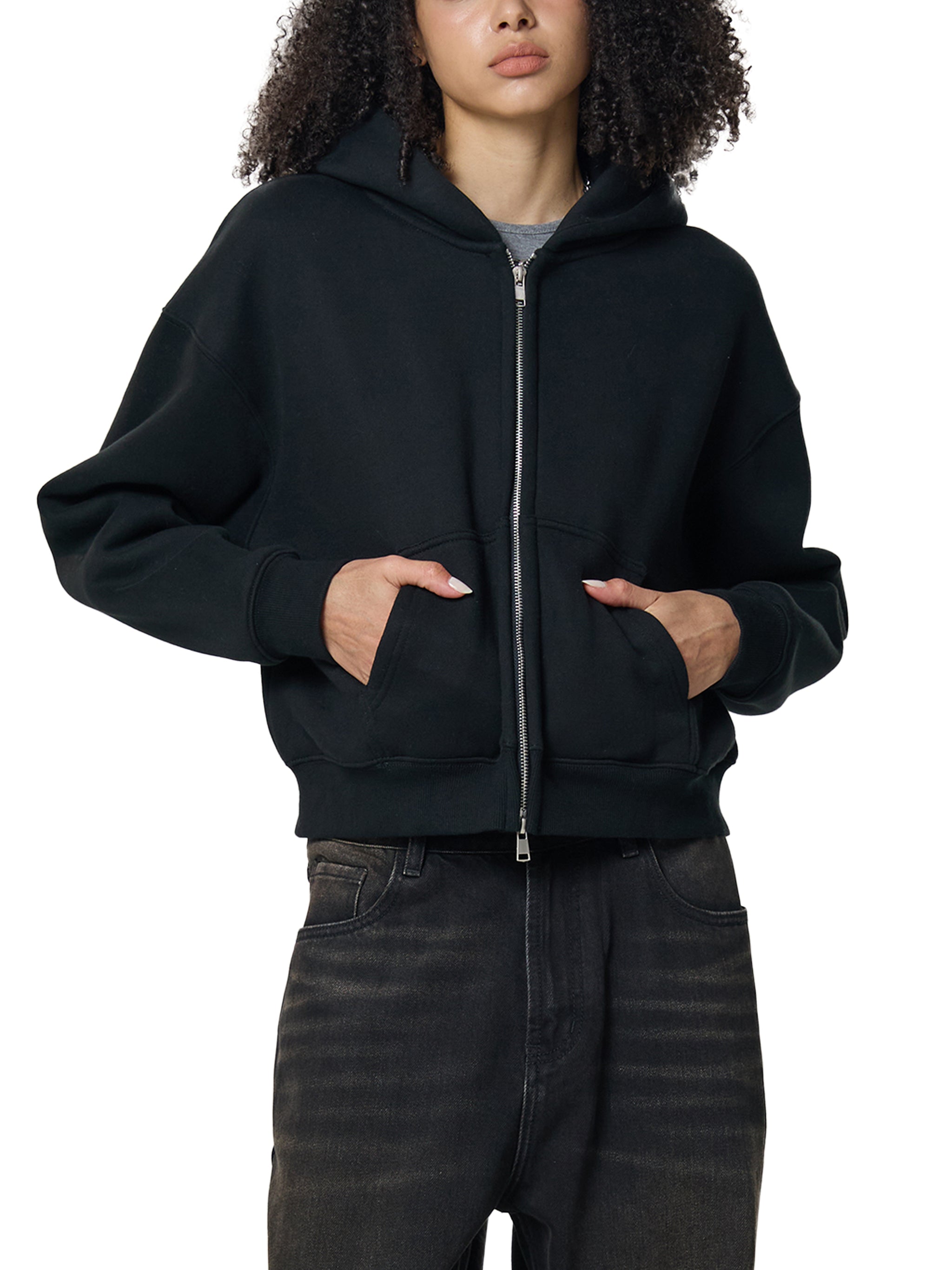 Womens Fleeced Zip-Up Cropped Hoodie