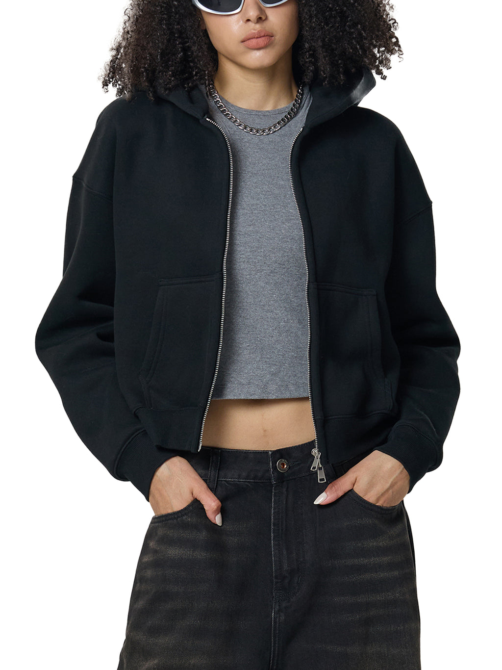 Womens Fleeced Zip-Up Cropped Hoodie