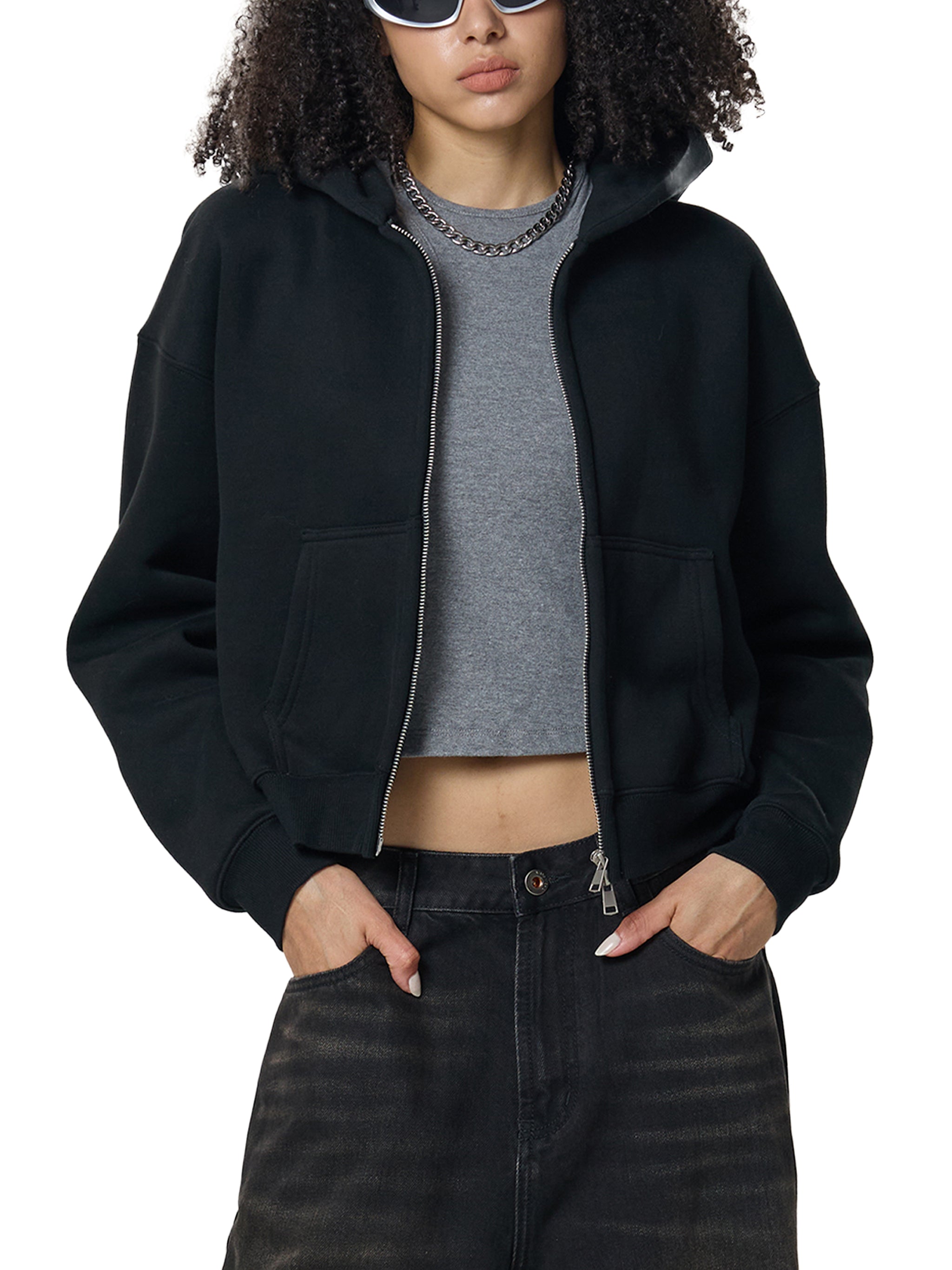 Womens Fleeced Zip-Up Cropped Hoodie