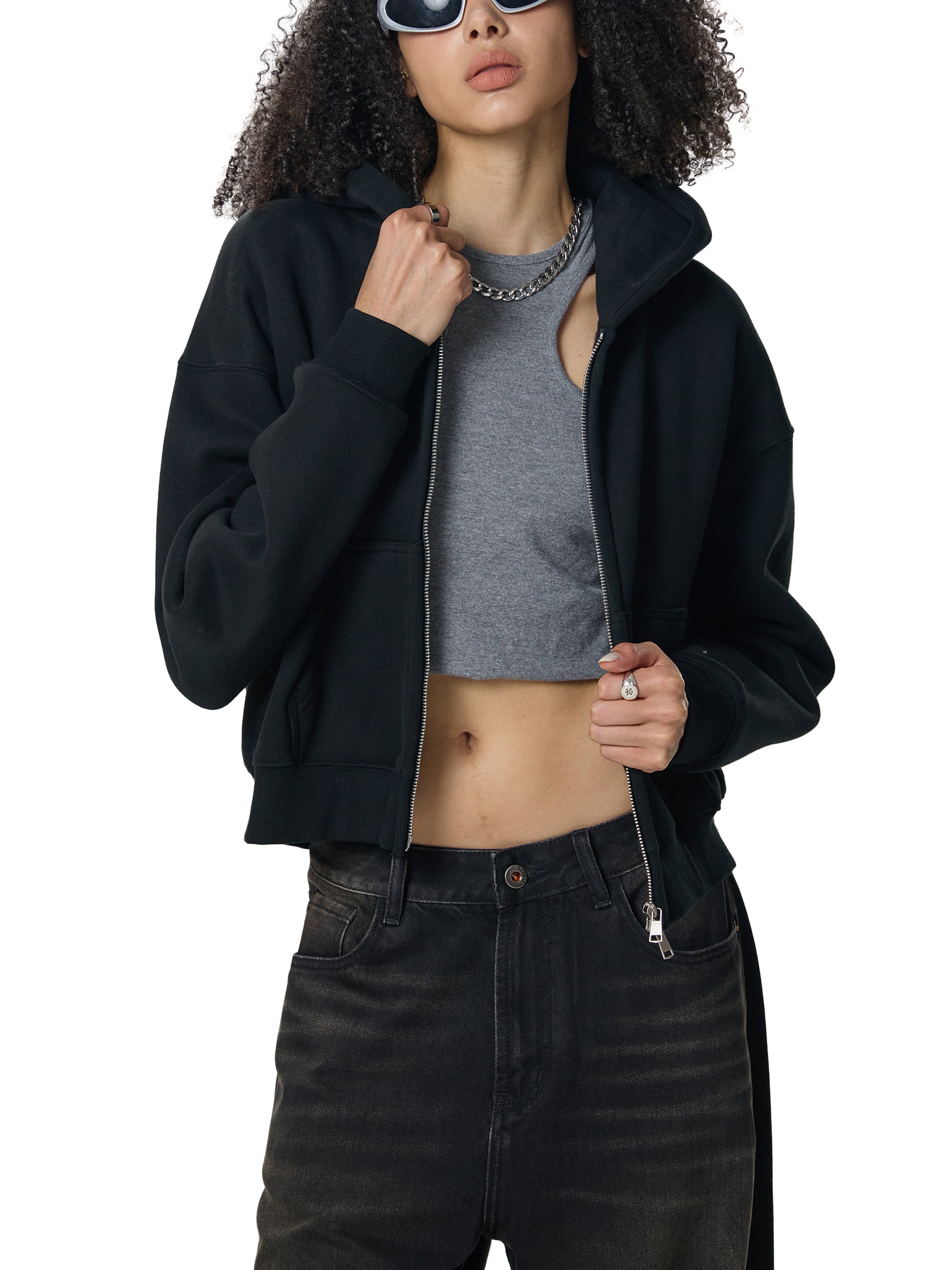Womens Fleeced Zip-Up Cropped Hoodie
