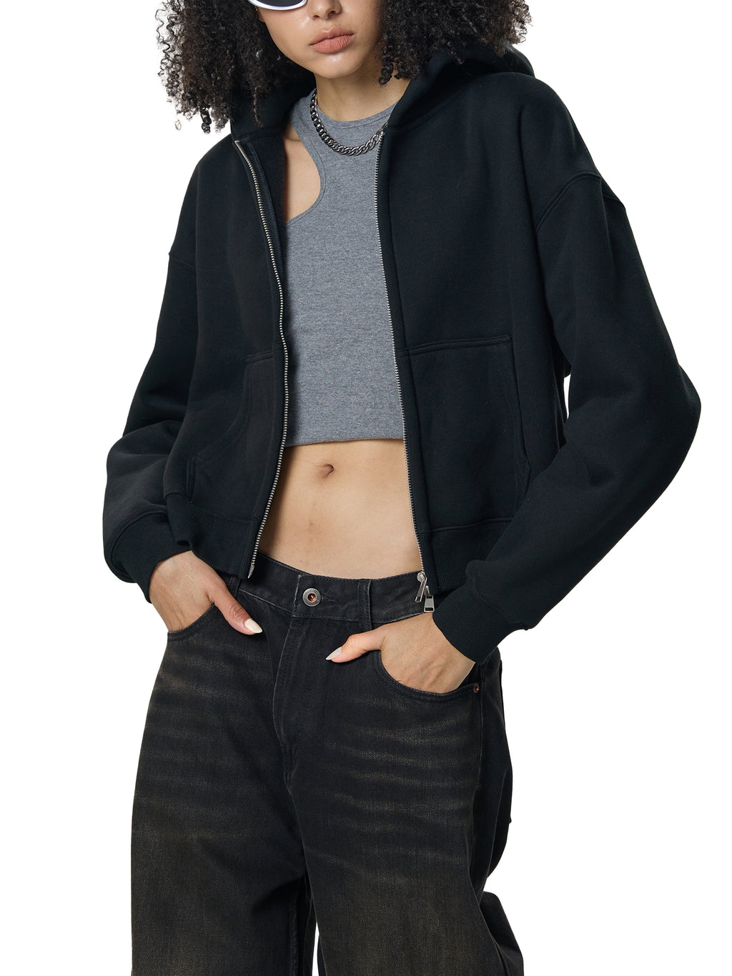 Womens Fleeced Zip-Up Cropped Hoodie